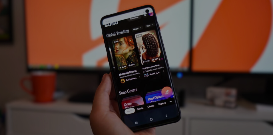Teléfono inteligente mostrando la interfaz de Suno.ai, la plataforma de IA que convierte ideas en canciones.